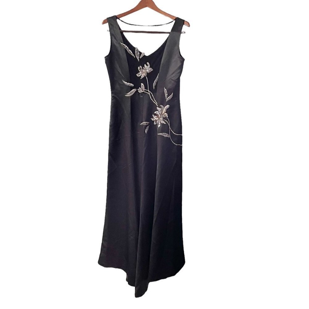 Vintage Together Black Satin Sequined Floral Embroidered Dress Women's Size 6